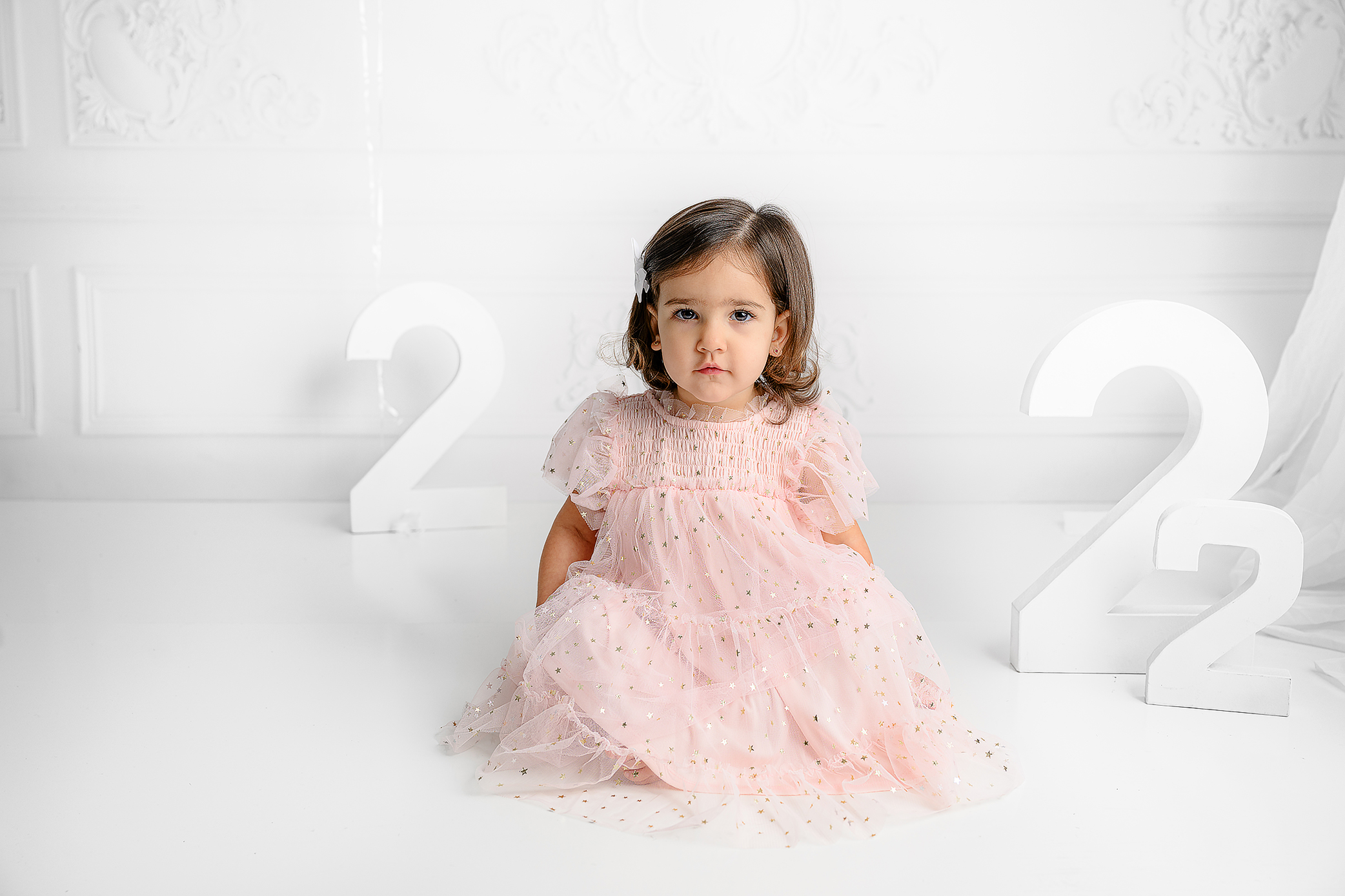 Little girl sitting in a white background wearing a pink tulle dress the gold accents in the waxhaw studio
