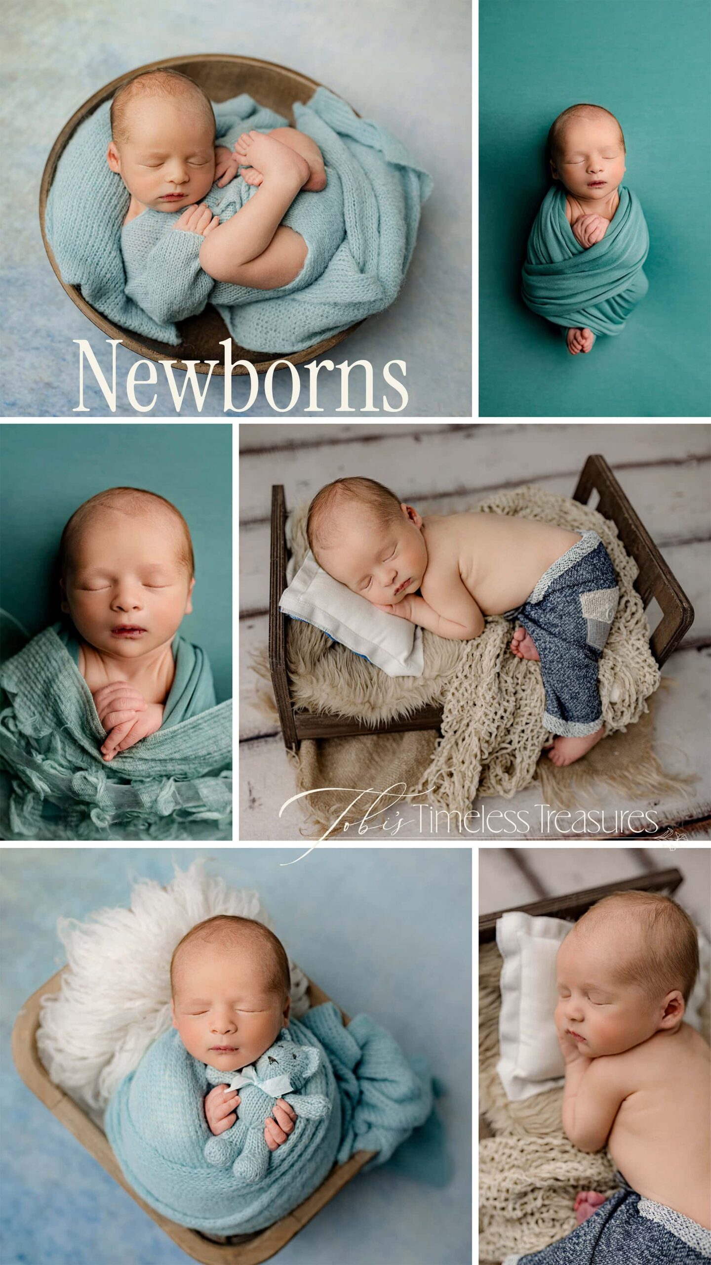 Collage of infant images from a waxhaw nc studio newborn session where baby was dressed or wrapped in blue tones of the ocean