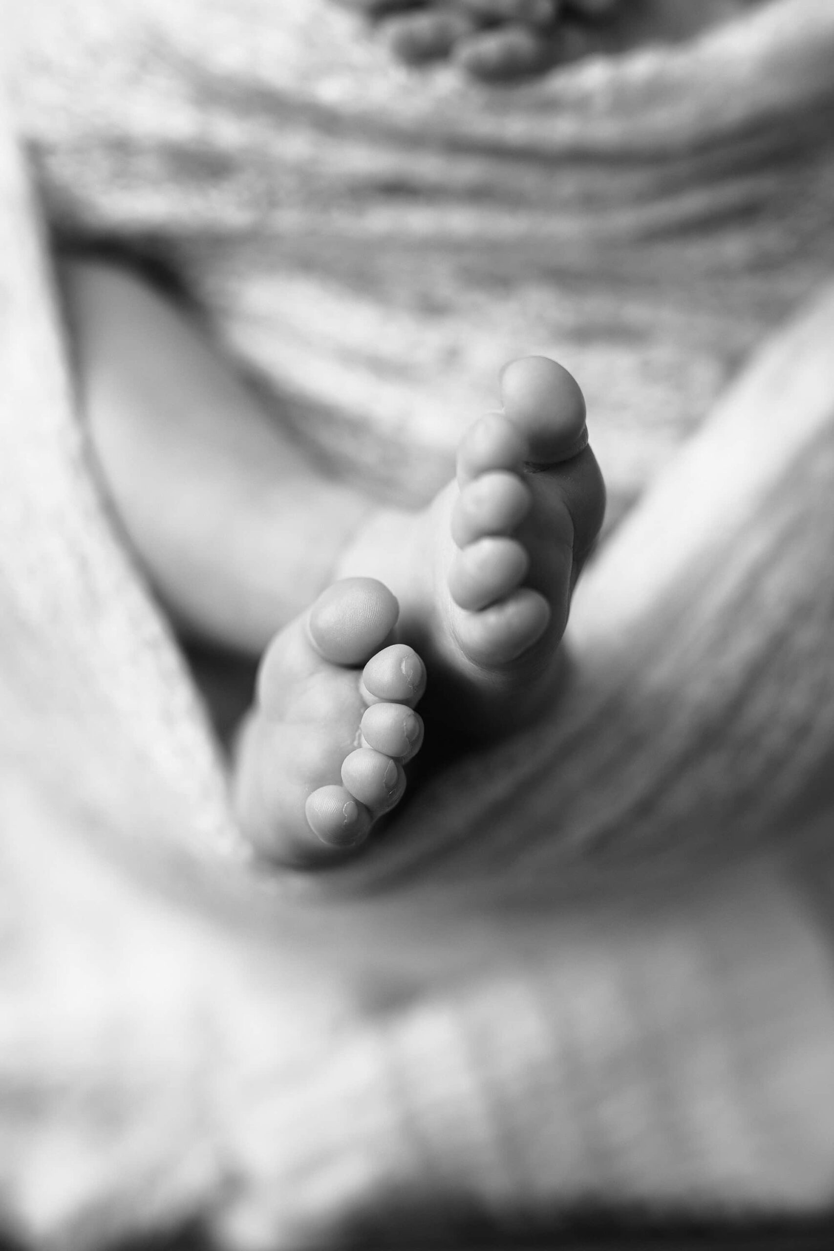 A sweet black and white image detail photo of the newborn’s tiny feet crossed together, showing delicate wrinkles.