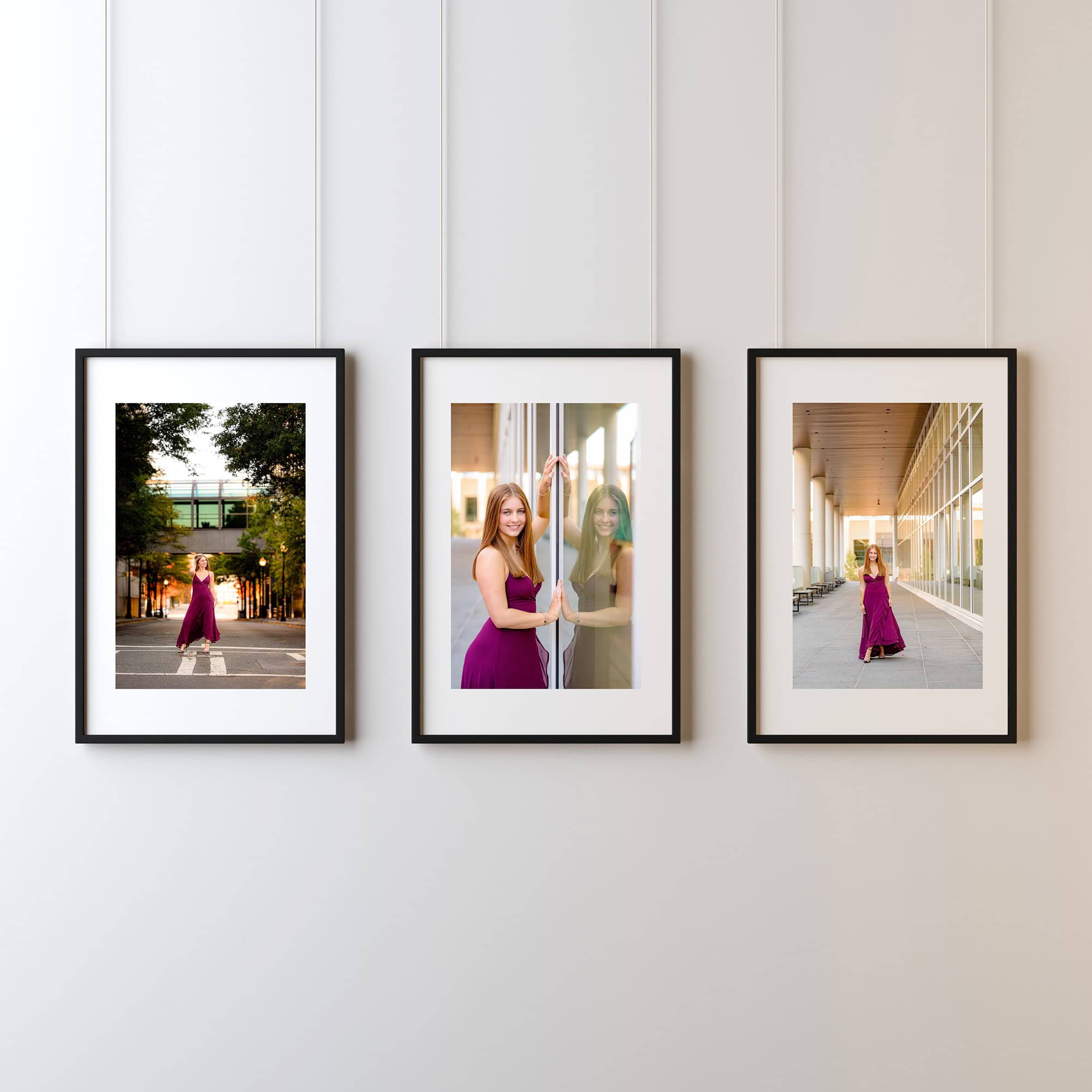 3 framed photos of charlotte graduate in uptown charlotte