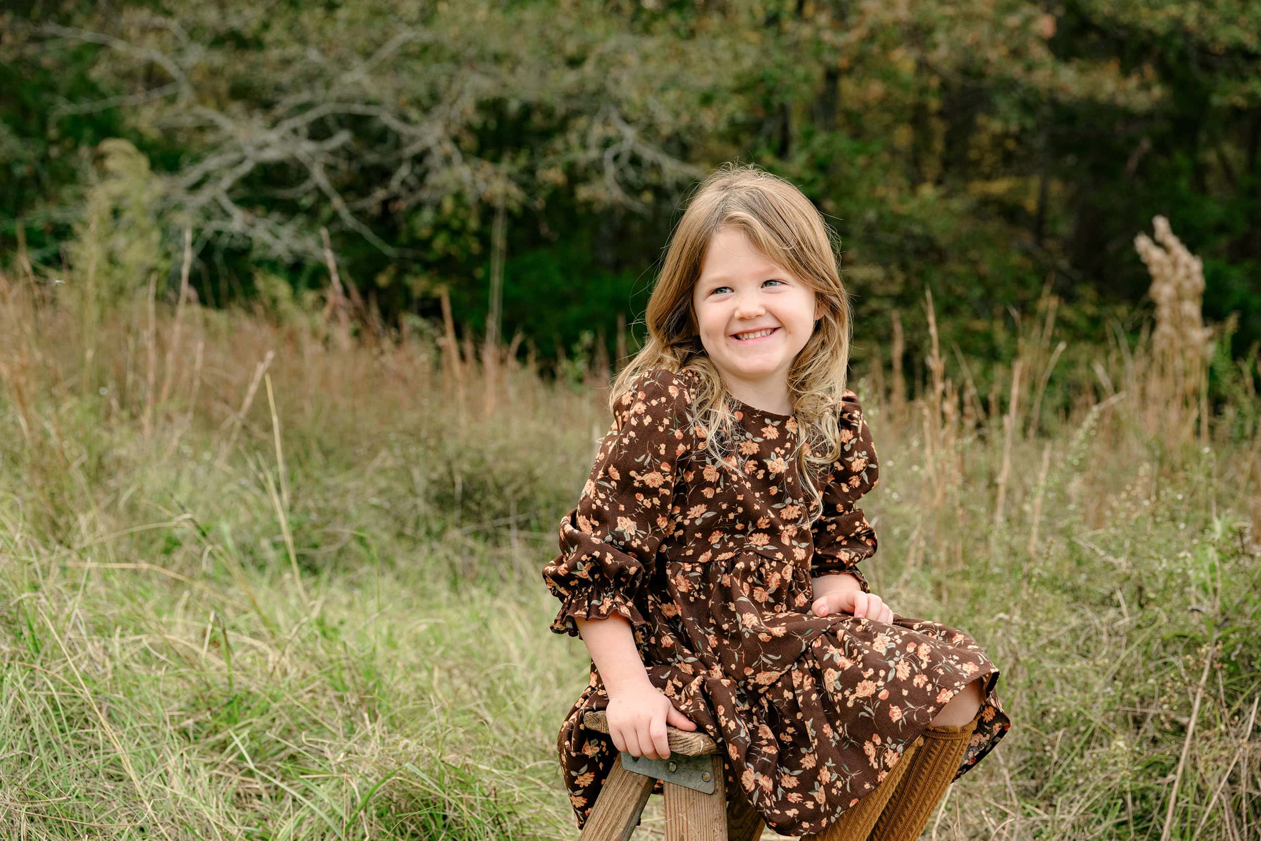 little girl sits on a wooden stool dressed in a brown floral dress to compliment the tall grasses and fall tones in charlotte area