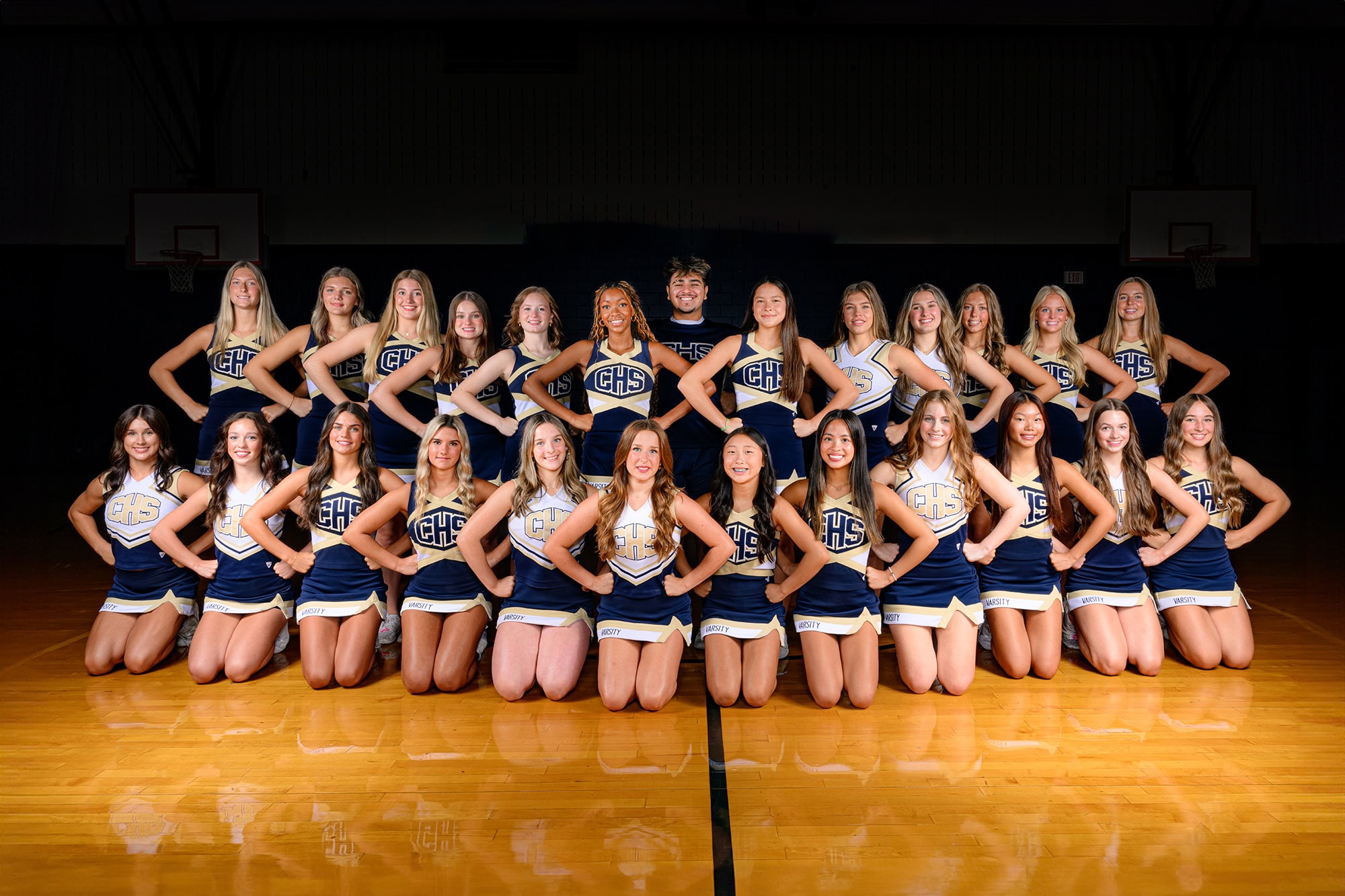 Varsity squad team photo on media day with cuthbertson high school cheerleaders