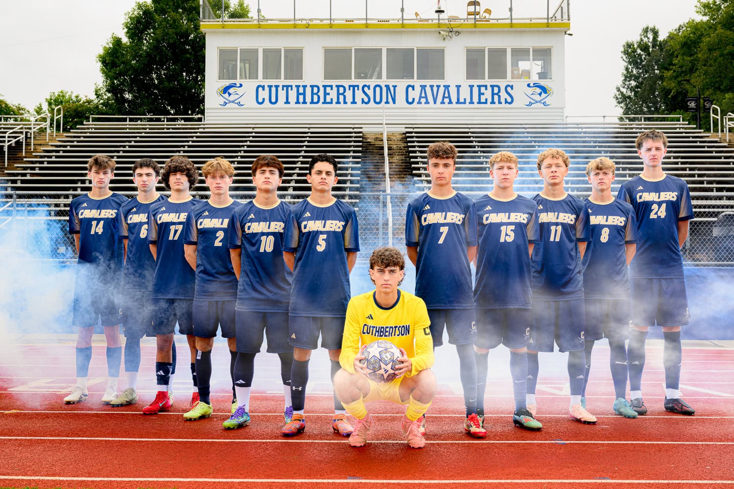 Cuthbertson High School Varsity Mens Soccer Seniors with players in blue jersey and goalie in yellow jersey
