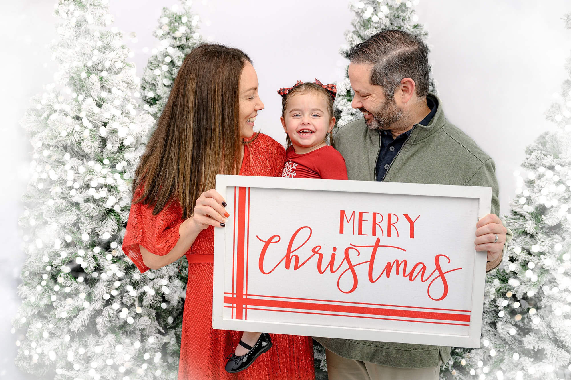 family of 3 holds sign saying merry christmas surrounded by white flocked trees