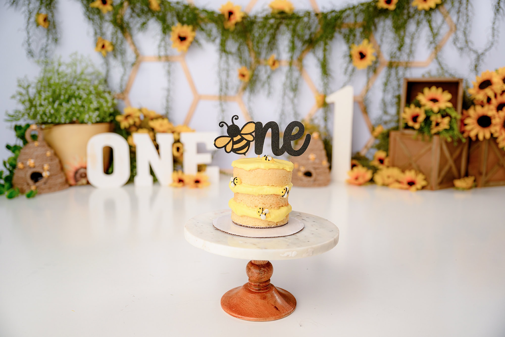 bee themed cake smash for one year old birthday