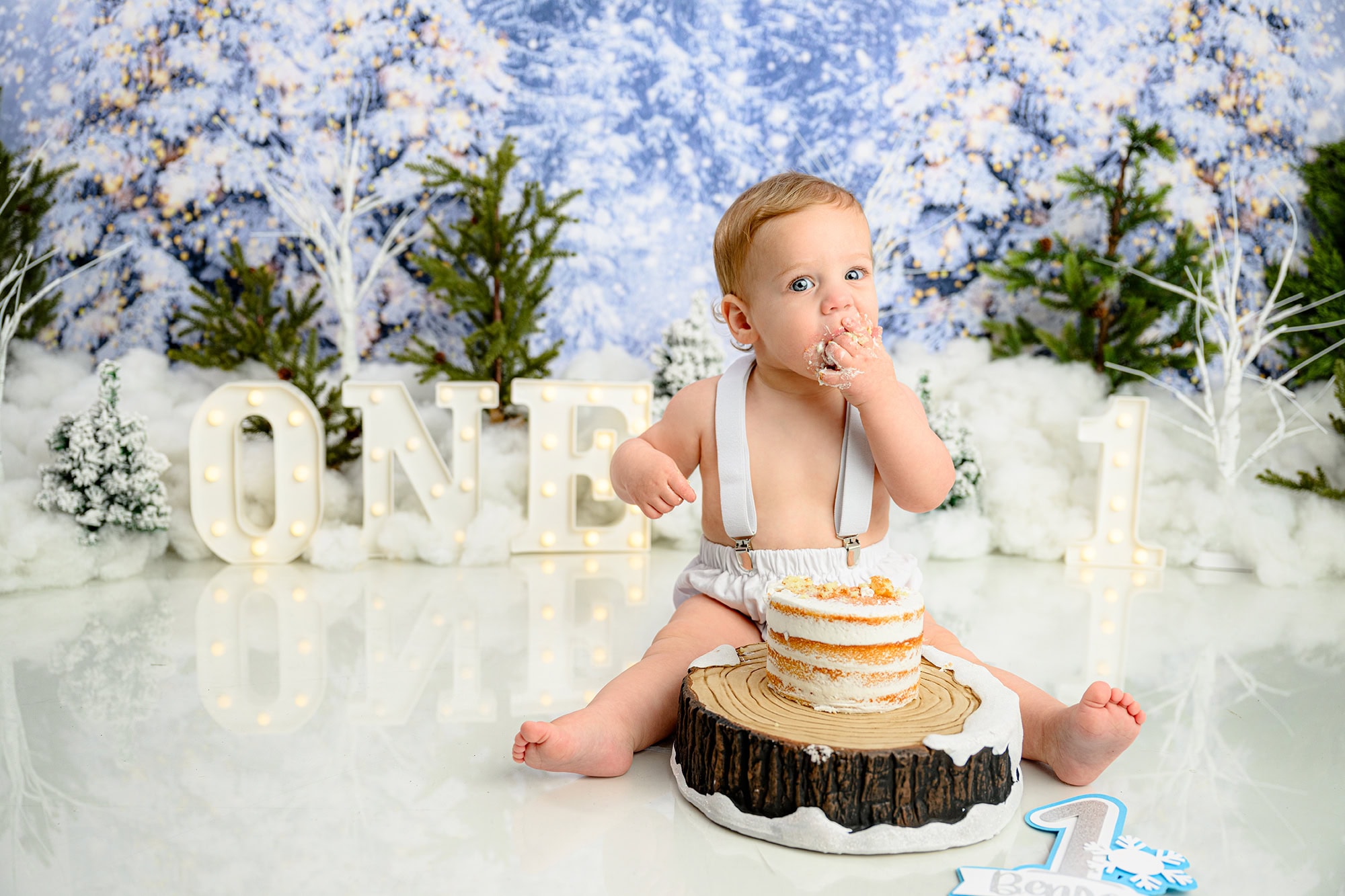 A winter ONEderland cake smash theme idea for a little boy with a january birthday celebration
