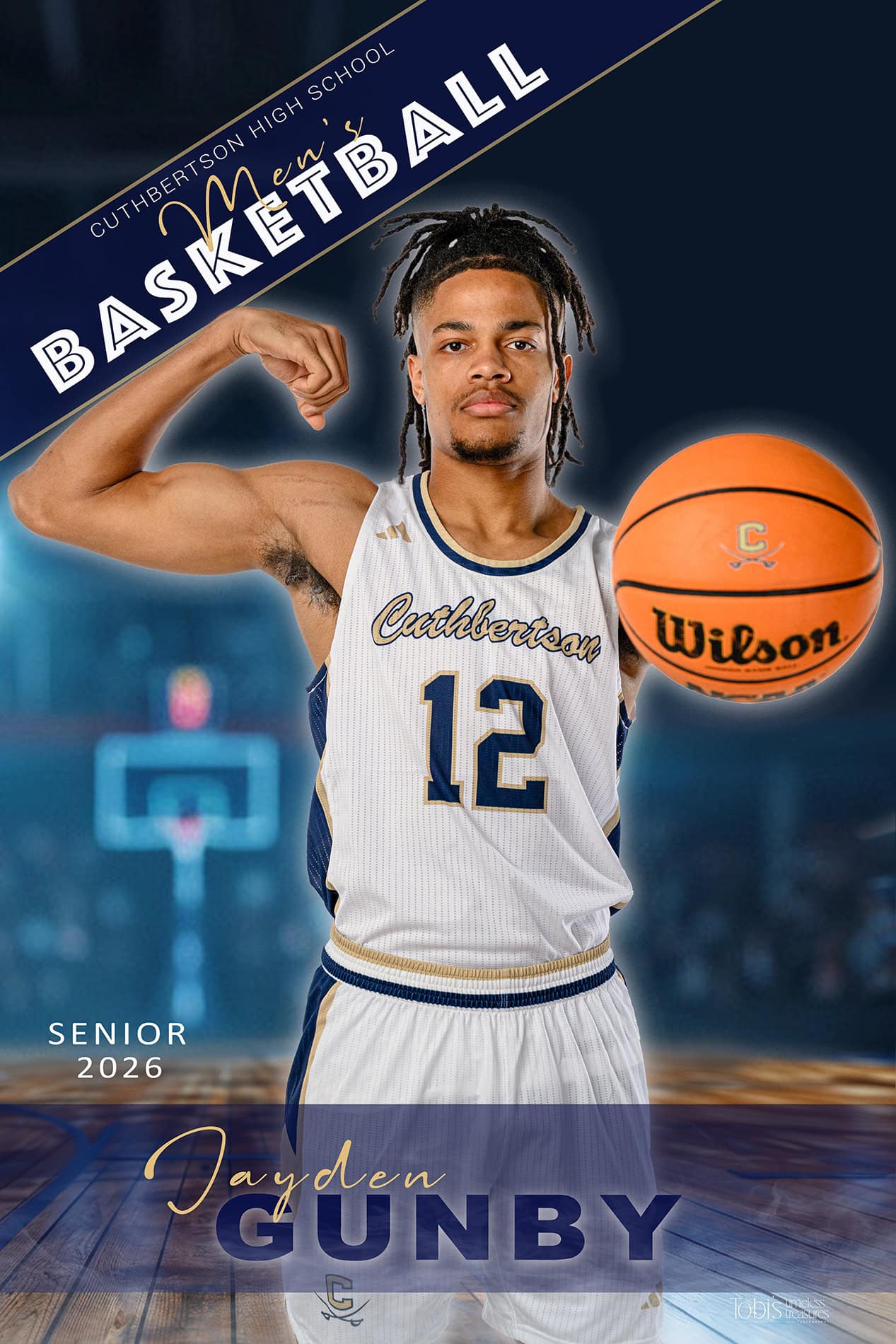 charlotte senior sports banner featuring a cuthbertson high school player palming a basketball