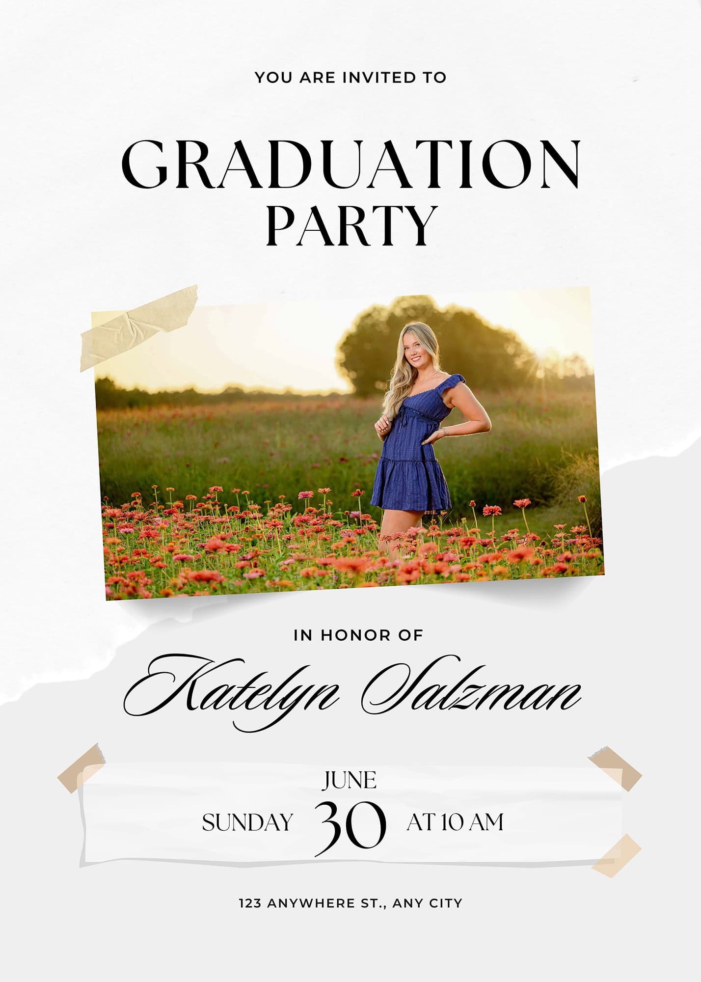 flower field graduation party invitation for a local charlotte high school graduate