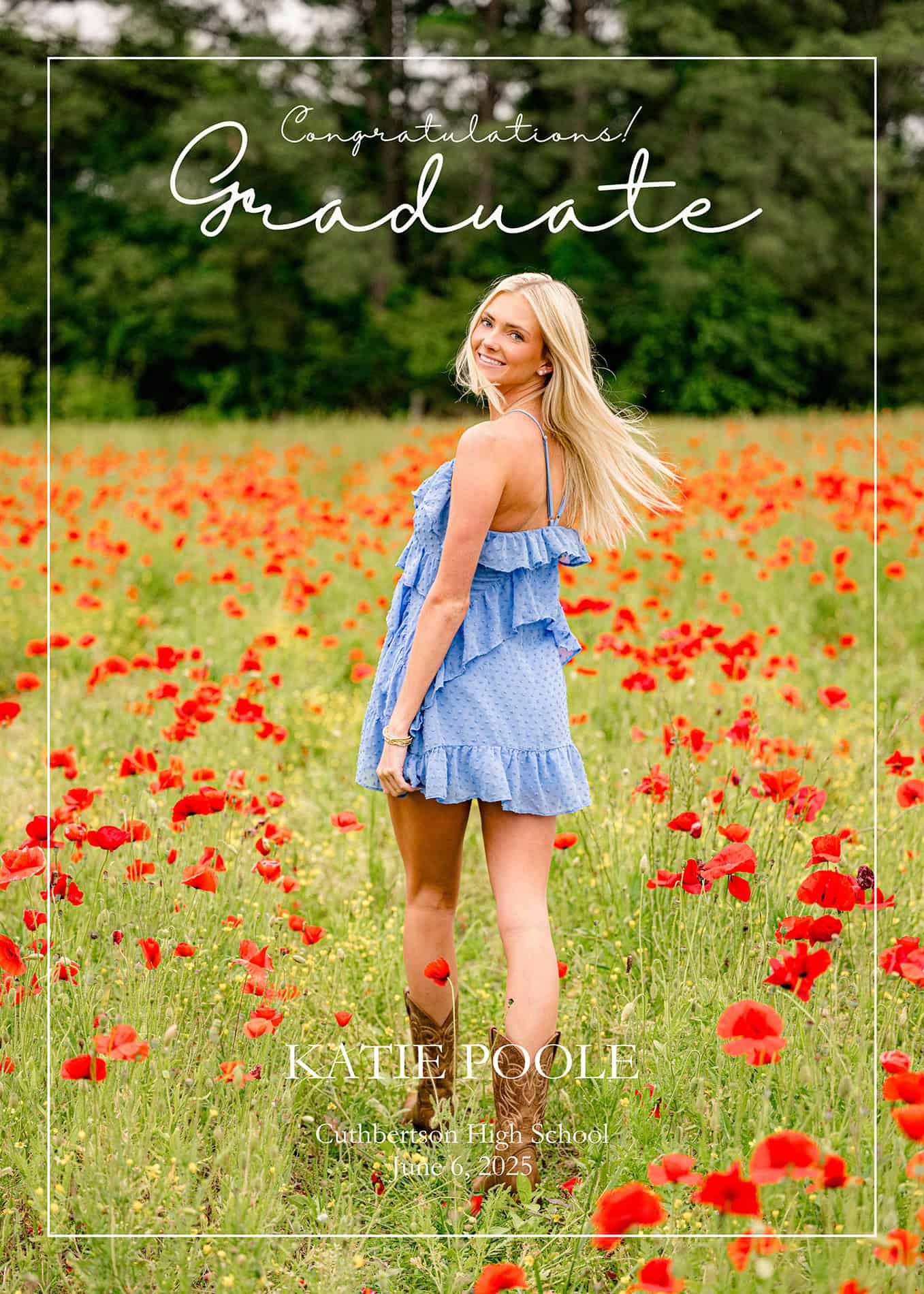 charlotte graduate in a field photo used as a high school graduation invitation