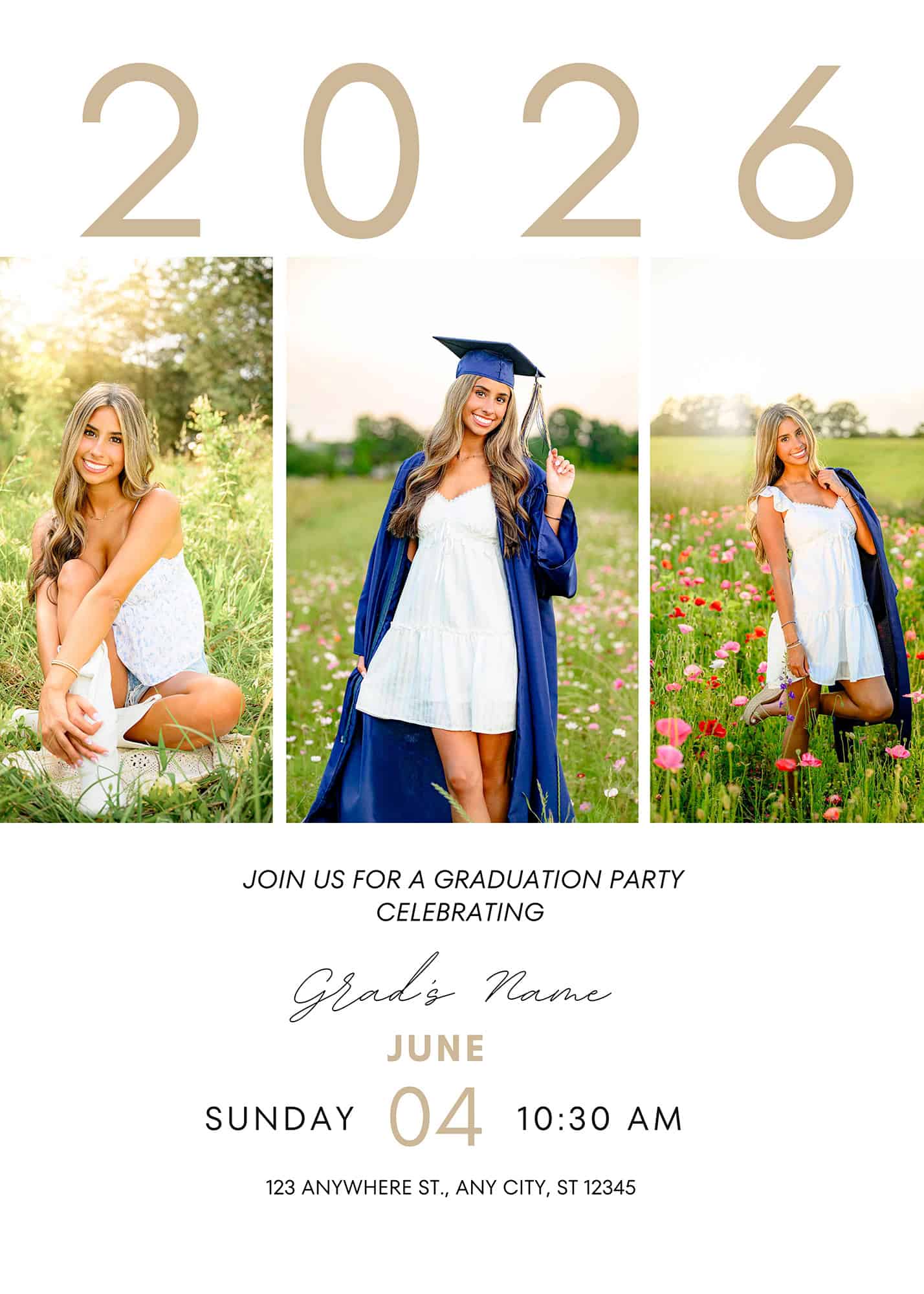 high school graduation invitation mock up for charlotte grad in a floral field with her cap and gown