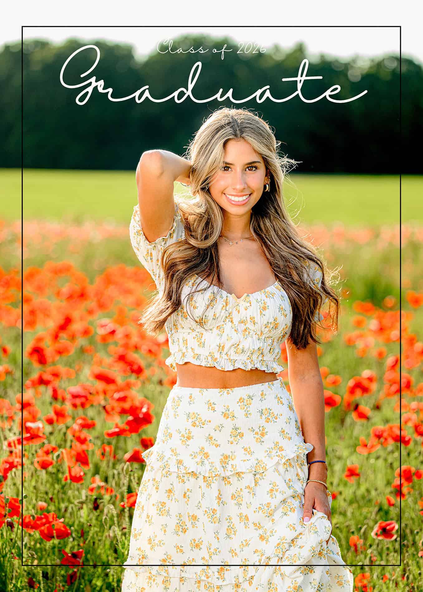 graduate invitation of a charlotte senior in a floral field wearing a floral dress