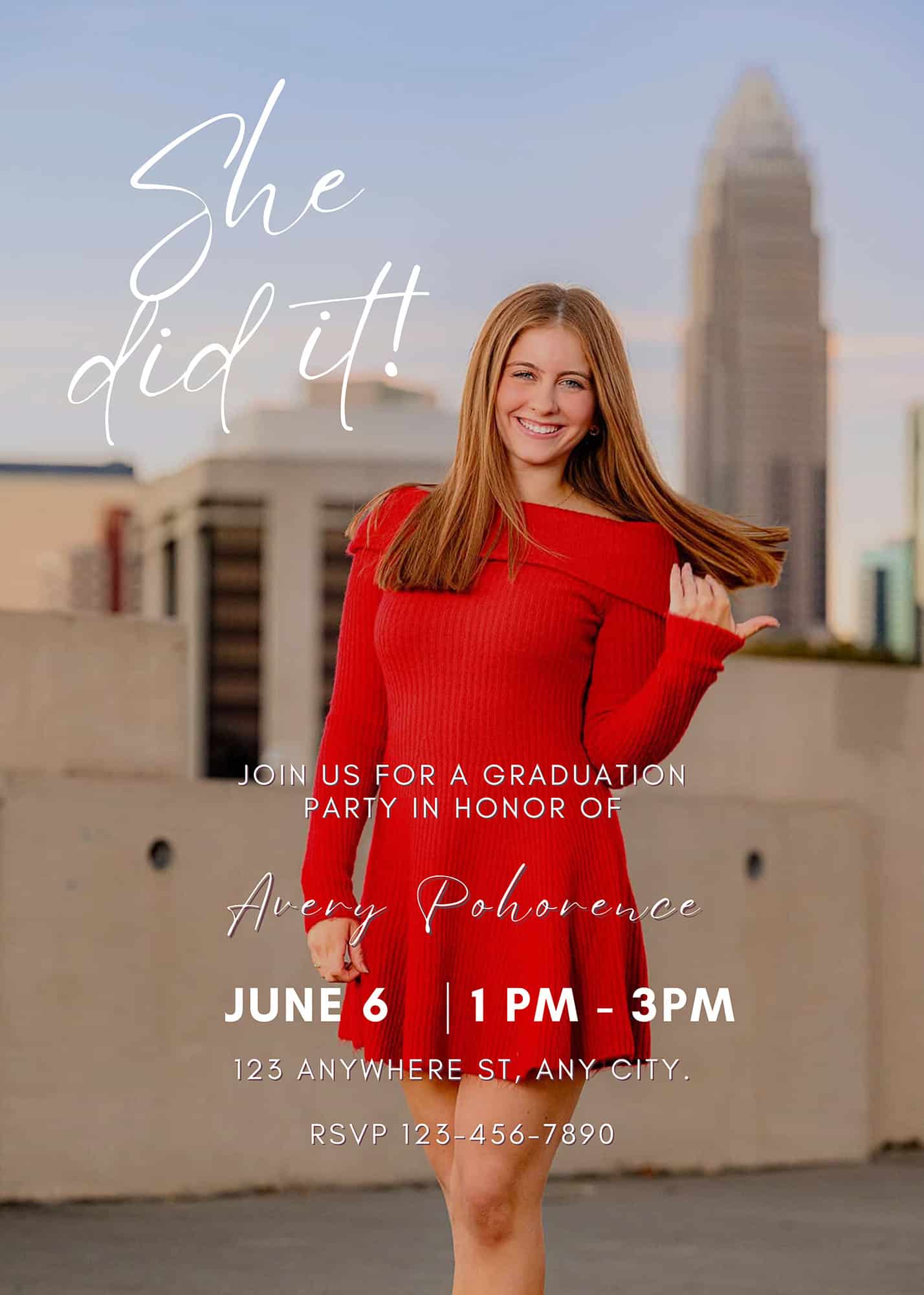high school graduation invitation mock up for a local charlotte senior wearing a red dress on a uptown rooftop