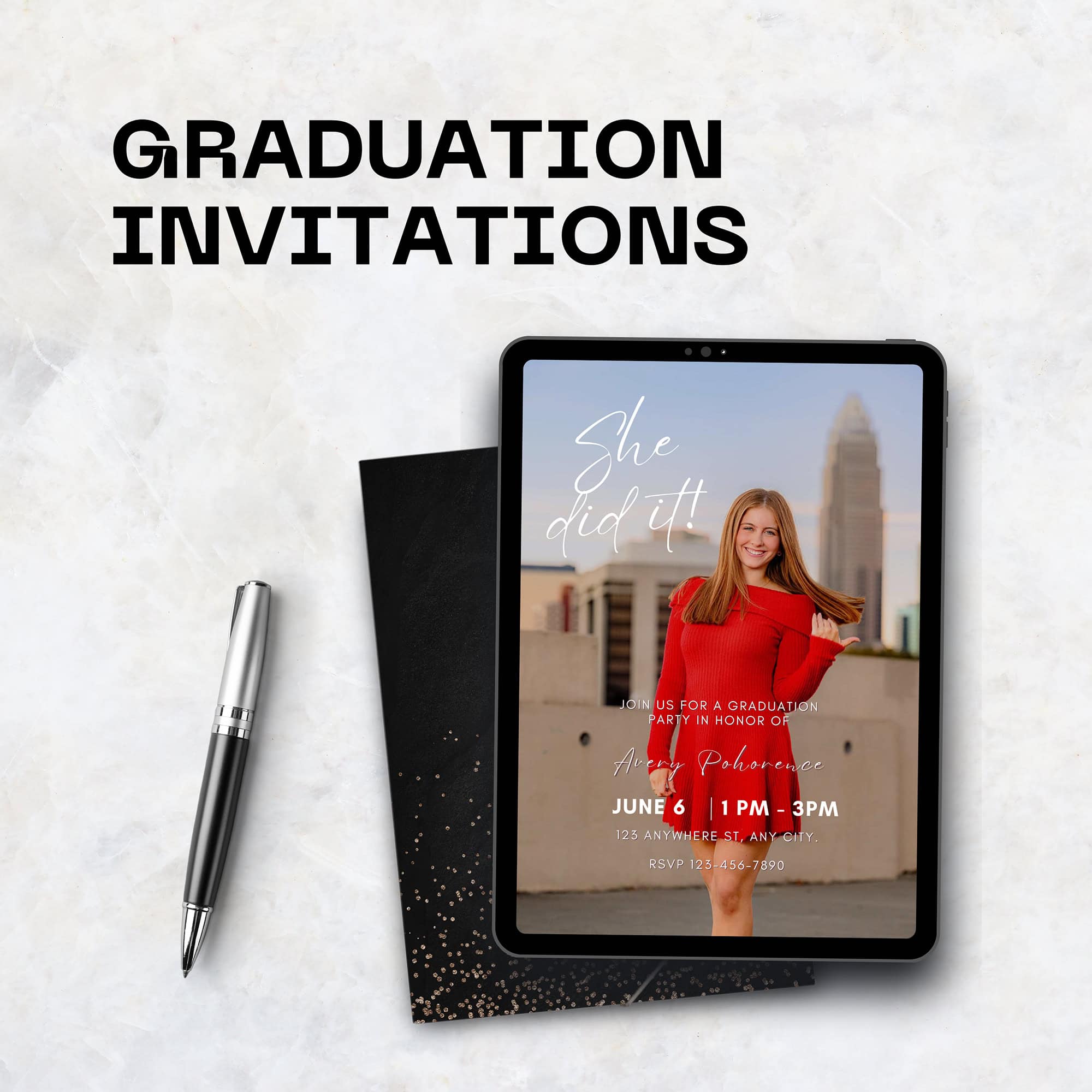 desk photo of mock up high school graduation invitation
