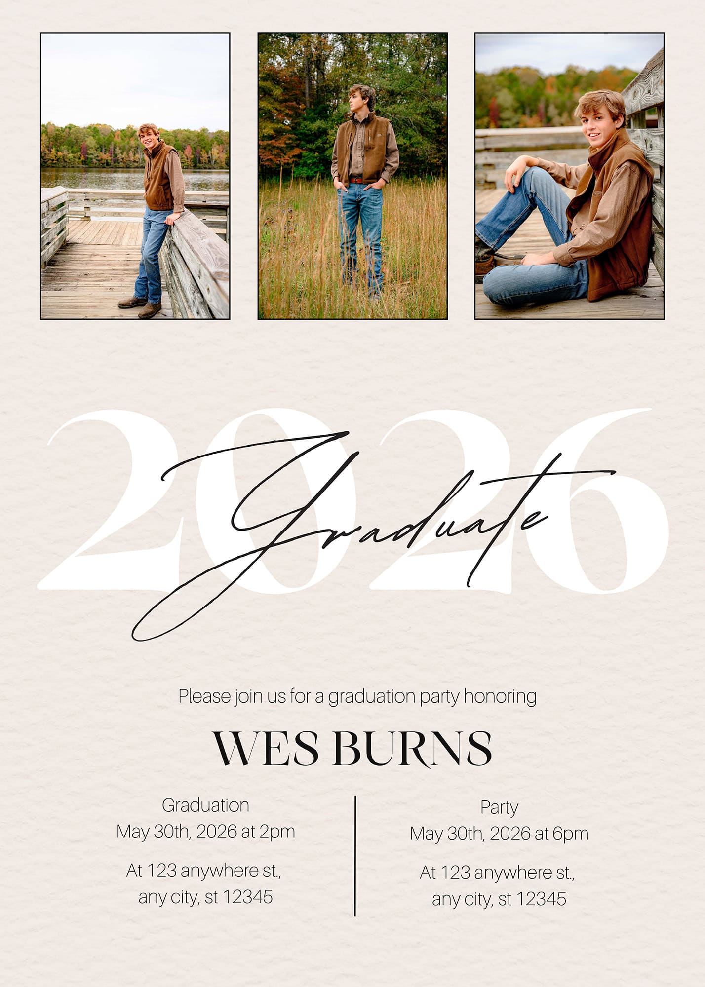 mock up of a high school graduation invitation for a local charlotte graduate boy in a fall session