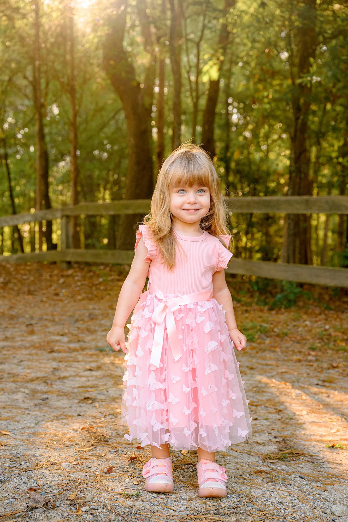 little girl with long blonde hair standing in a pink dress in a waxhaw park